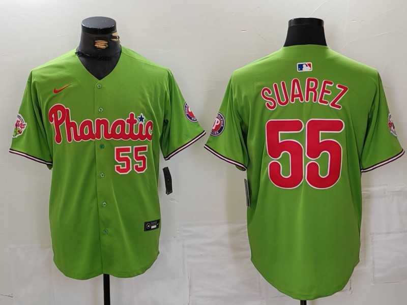 Mens Philadelphia Phillies #55 Ranger Suarez Number Green With Patch Stitched Cool Base Nike Jersey->philadelphia phillies->MLB Jersey
